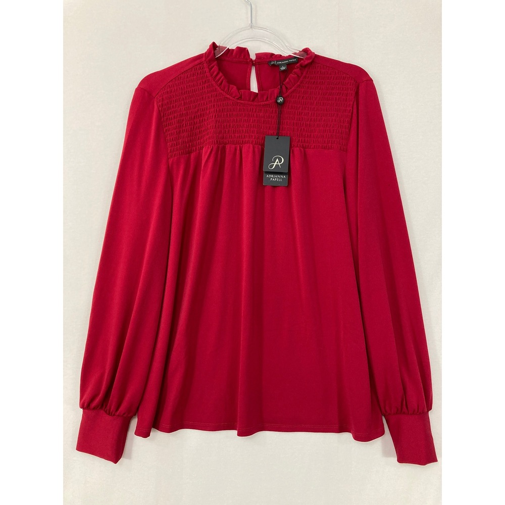 New Adrianna Papell Blouse Large Red Smocked Ruffle Neck Long Sleeve Preppy - Picture 1 of 9